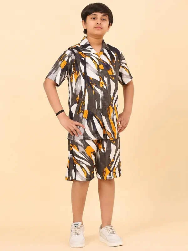 Cotton_Rayon_Coord_Set_With_Shorts_Black_&_Mustard_Abstract_Print_for_Boys