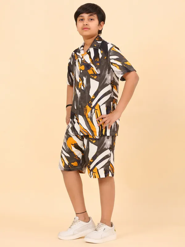 Cotton_Rayon_Coord_Set_With_Shorts_Black_&_Mustard_Abstract_Print_for_Boys