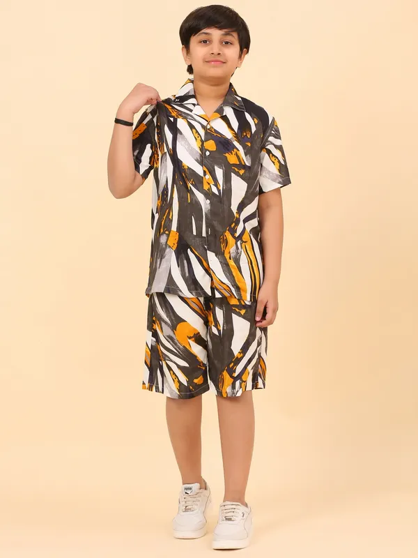 Cotton_Rayon_Coord_Set_With_Shorts_Black_&_Mustard_Abstract_Print_for_Boys