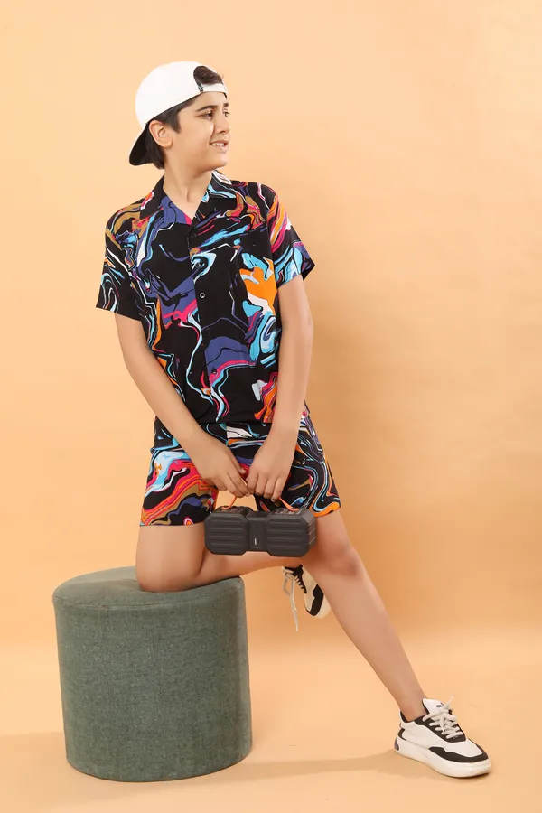 Cotton_Rayon_Coord_Set_With_Shorts-Black_Waves_for_Boys