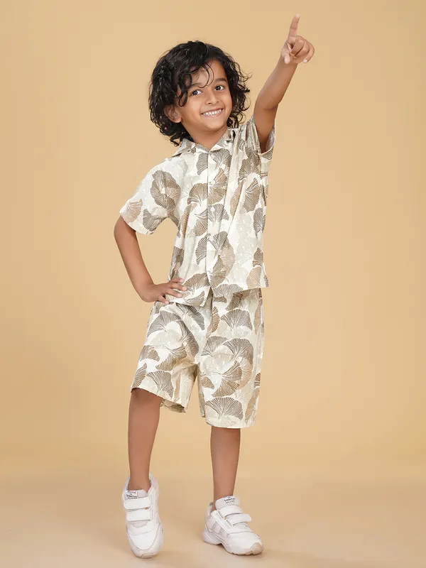 Cotton_Rayon_Coord_Set_With_Shorts_Leaves_Print_-Beige_for_Boys