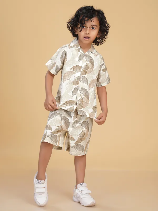 Cotton_Rayon_Coord_Set_With_Shorts_Leaves_Print_-Beige_for_Boys