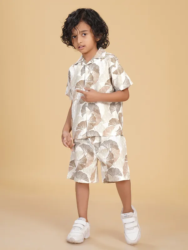 Cotton_Rayon_Coord_Set_With_Shorts_Leaves_Print_-Beige_for_Boys