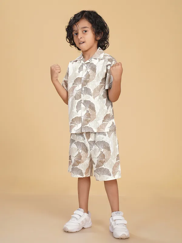 Cotton_Rayon_Coord_Set_With_Shorts_Leaves_Print_-Beige_for_Boys