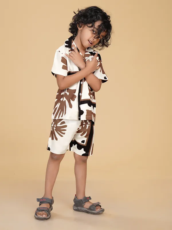 Cotton_Rayon_Coord_Set_With_Shorts_Tropical_Leaves_Print_-Brown_for_Boys