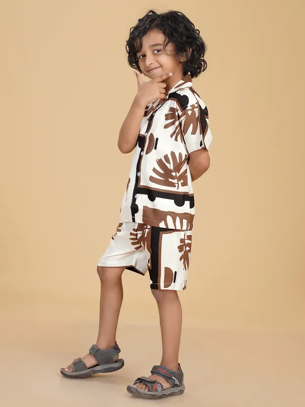 Cotton_Rayon_Coord_Set_With_Shorts_Tropical_Leaves_Print_-Brown_for_Boys