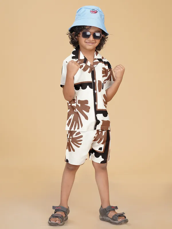 Cotton_Rayon_Coord_Set_With_Shorts_Tropical_Leaves_Print_-Brown_for_Boys