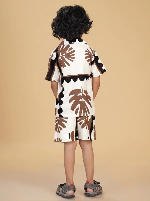 Cotton_Rayon_Coord_Set_With_Shorts_Tropical_Leaves_Print_-Brown_for_Boys