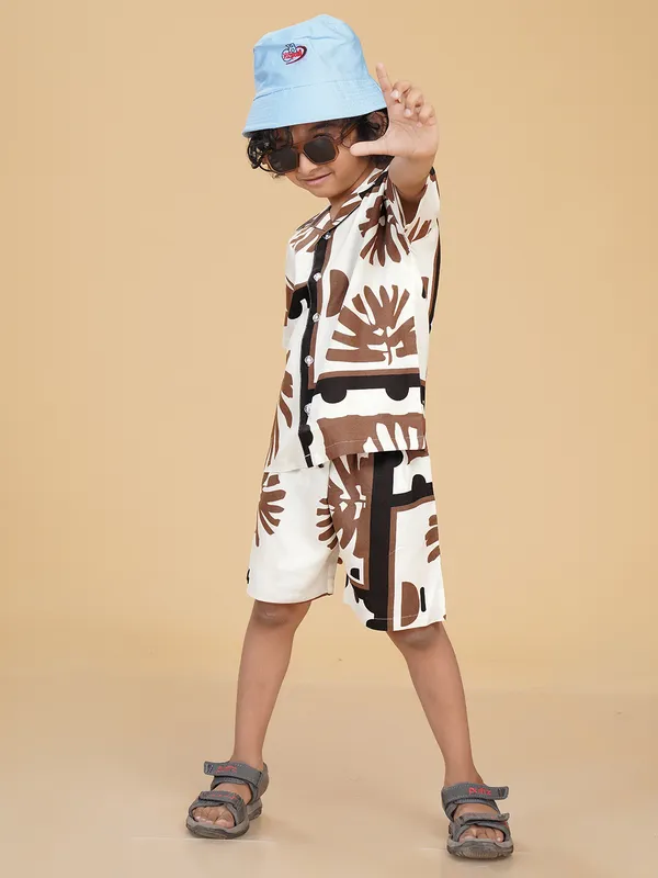 Cotton_Rayon_Coord_Set_With_Shorts_Tropical_Leaves_Print_-Brown_for_Boys