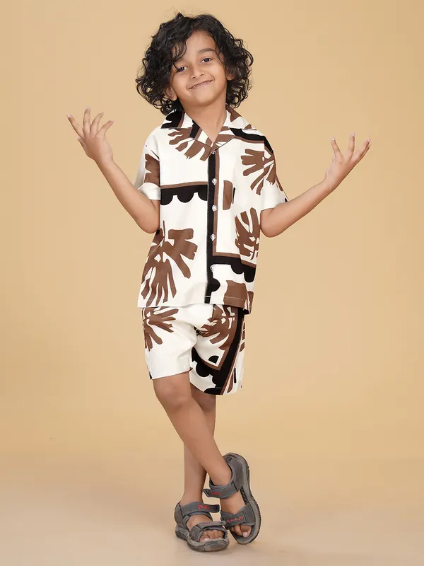 Cotton_Rayon_Coord_Set_With_Shorts_Tropical_Leaves_Print_-Brown_for_Boys