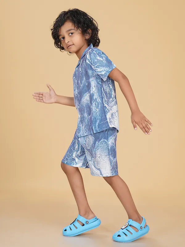 Cotton_Rayon_Coord_Set_With_Shorts_Marble_Print_-Blue_for_Boys