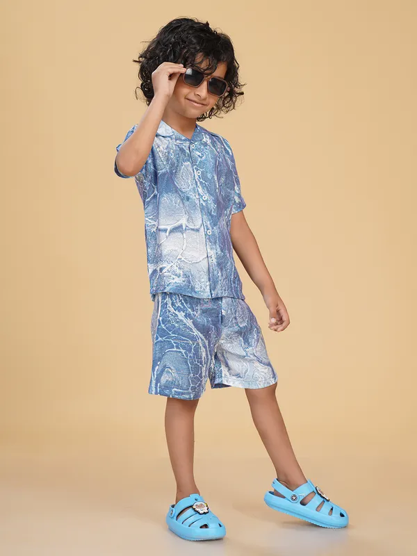 Cotton_Rayon_Coord_Set_With_Shorts_Marble_Print_-Blue_for_Boys