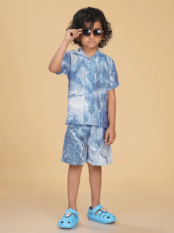 Cotton_Rayon_Coord_Set_With_Shorts_Marble_Print_-Blue_for_Boys