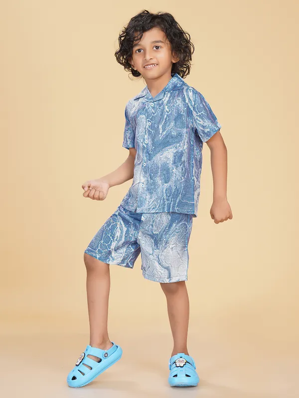 Cotton_Rayon_Coord_Set_With_Shorts_Marble_Print_-Blue_for_Boys