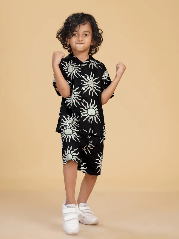 Cotton_Rayon_Coord_Set_With_Shorts_Sun_Print_-Black_for_Boys