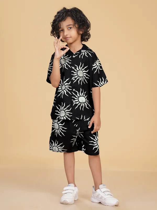 Cotton_Rayon_Coord_Set_With_Shorts_Sun_Print_-Black_for_Boys