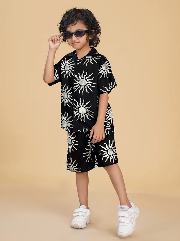 Cotton_Rayon_Coord_Set_With_Shorts_Sun_Print_-Black_for_Boys