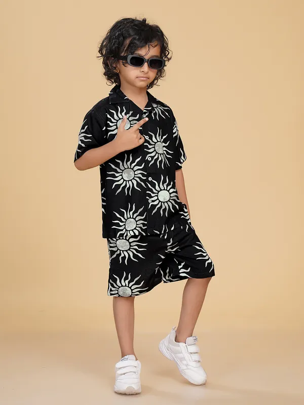 Cotton_Rayon_Coord_Set_With_Shorts_Sun_Print_-Black_for_Boys