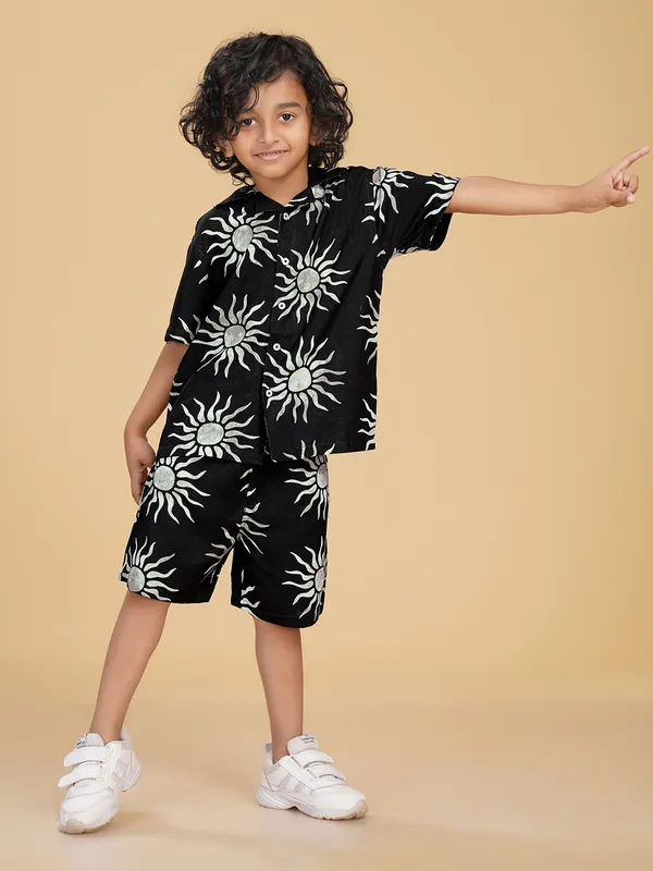 Cotton_Rayon_Coord_Set_With_Shorts_Sun_Print_-Black_for_Boys
