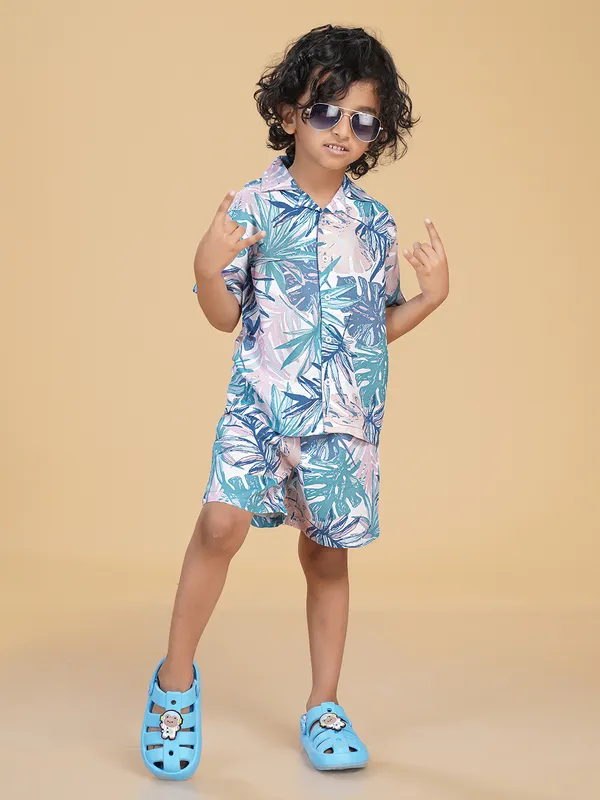 Cotton_Rayon_Coord_Set_With_Shorts_Tropical_Print_-Blue_for_Boys