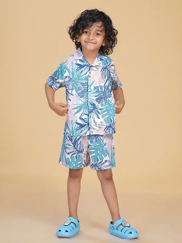 Cotton_Rayon_Coord_Set_With_Shorts_Tropical_Print_-Blue_for_Boys