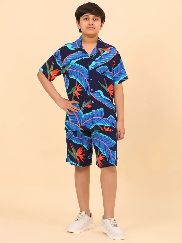 Cotton_Rayon_Coord_Set_With_Shorts_Tropical_Print_-Navy_Blue_for_Boys