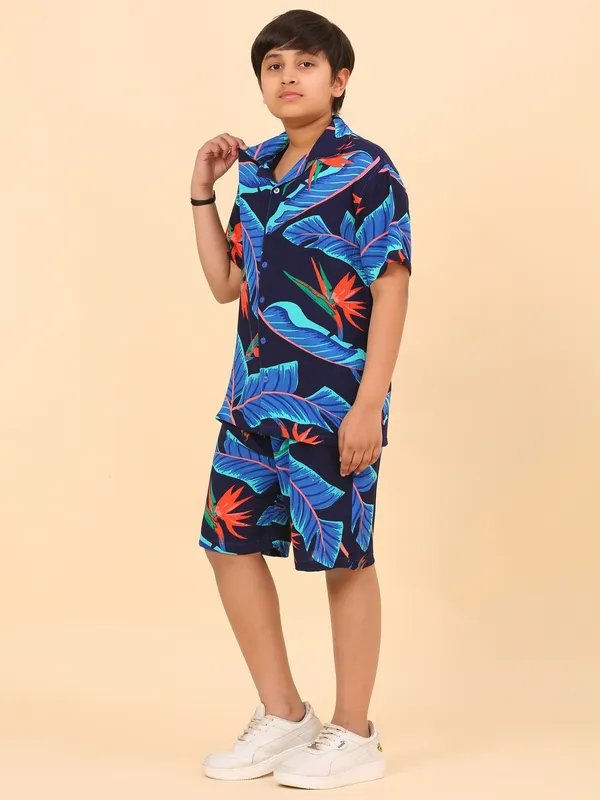 Cotton_Rayon_Coord_Set_With_Shorts_Tropical_Print_-Navy_Blue_for_Boys