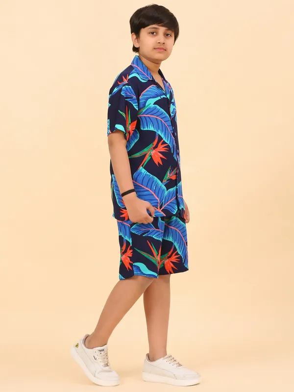 Cotton_Rayon_Coord_Set_With_Shorts_Tropical_Print_-Navy_Blue_for_Boys