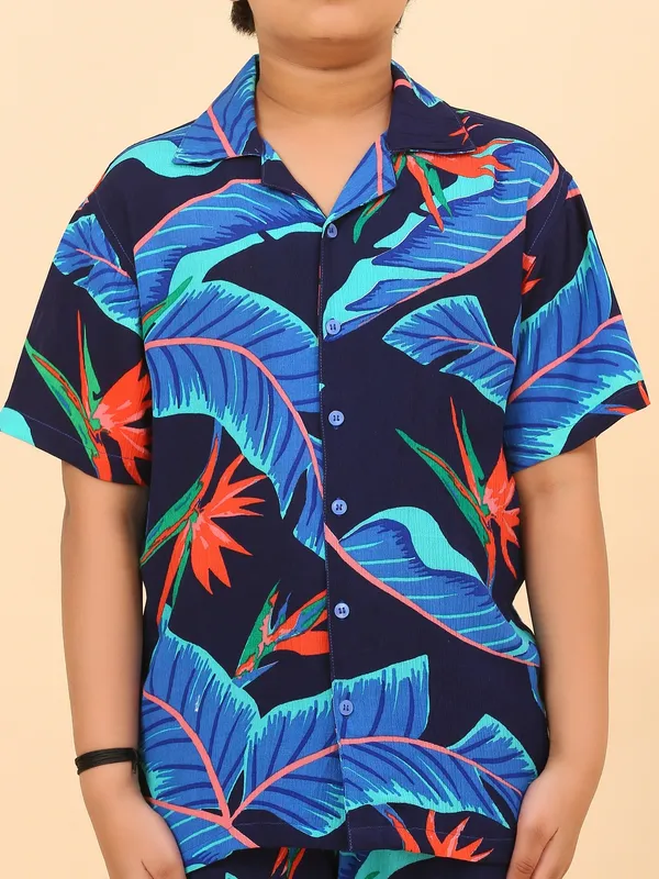 Cotton_Rayon_Coord_Set_With_Shorts_Tropical_Print_-Navy_Blue_for_Boys