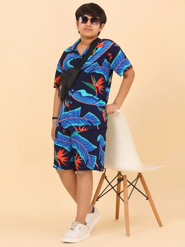 Cotton_Rayon_Coord_Set_With_Shorts_Tropical_Print_-Navy_Blue_for_Boys