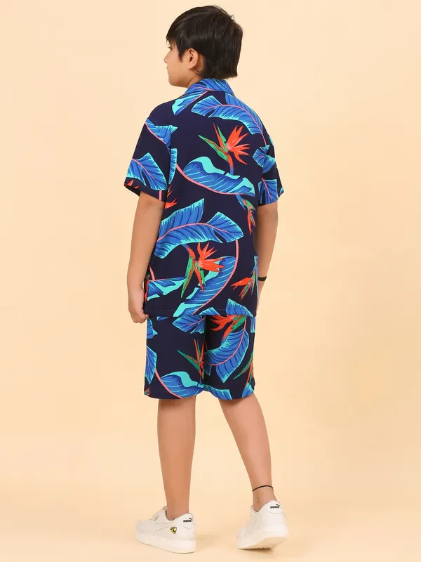 Cotton_Rayon_Coord_Set_With_Shorts_Tropical_Print_-Navy_Blue_for_Boys