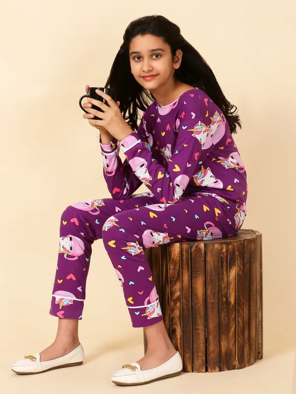 Cotton_Knit_Full_Sleeves_Night_Suit_With_Cup_Unicorn_Print-Wine
