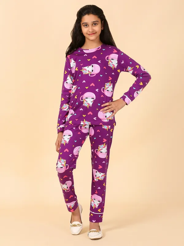 Cotton_Knit_Full_Sleeves_Night_Suit_With_Cup_Unicorn_Print-Wine