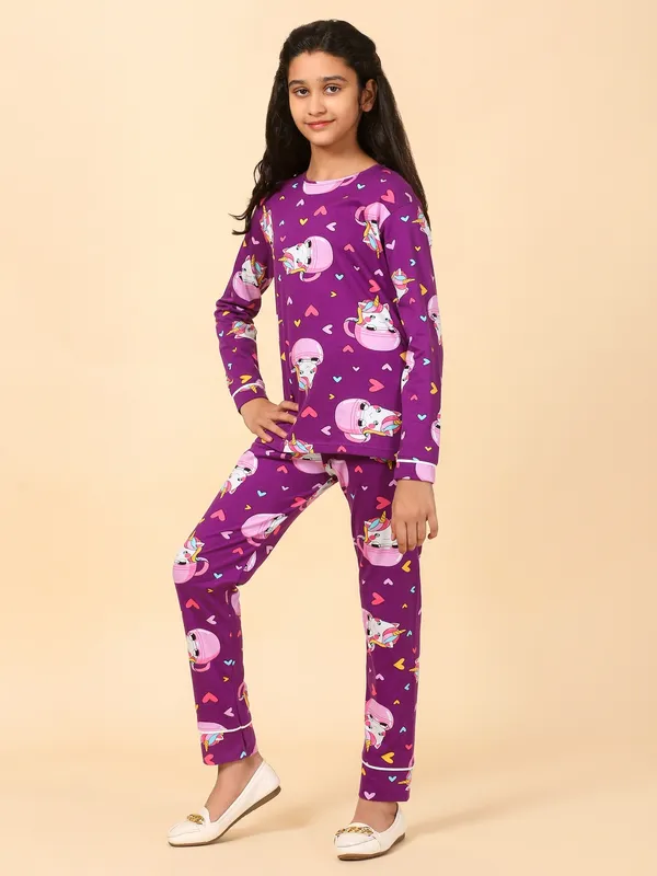 Cotton_Knit_Full_Sleeves_Night_Suit_With_Cup_Unicorn_Print-Wine