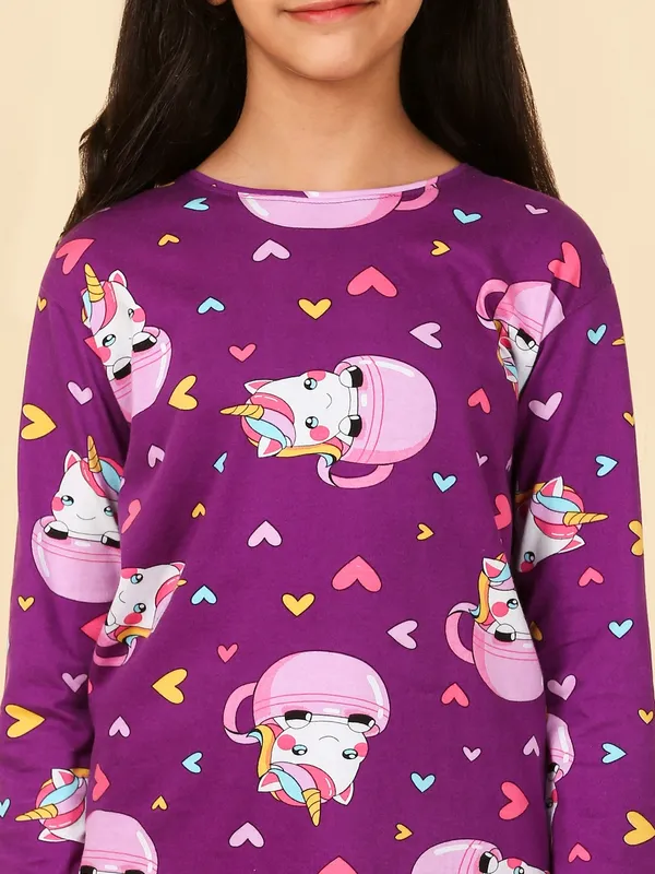 Cotton_Knit_Full_Sleeves_Night_Suit_With_Cup_Unicorn_Print-Wine