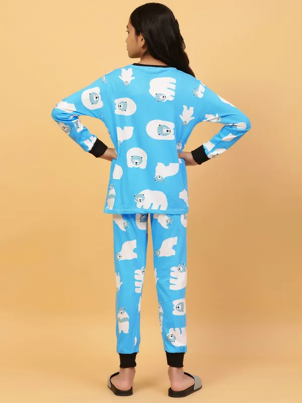 100%_Cotton_Knit_Full_Sleeves_Snow_Bear_Print_Night_Suit-Blue