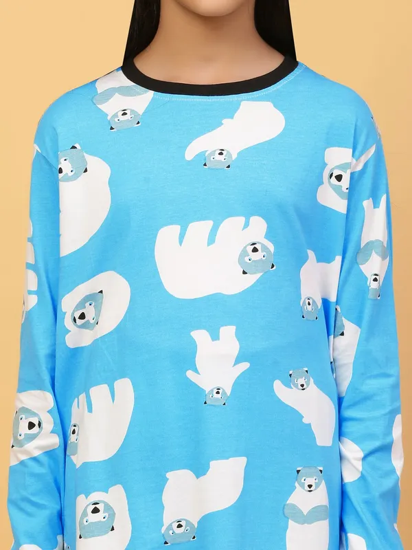 100%_Cotton_Knit_Full_Sleeves_Snow_Bear_Print_Night_Suit-Blue