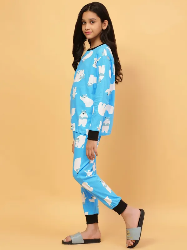 100%_Cotton_Knit_Full_Sleeves_Snow_Bear_Print_Night_Suit-Blue