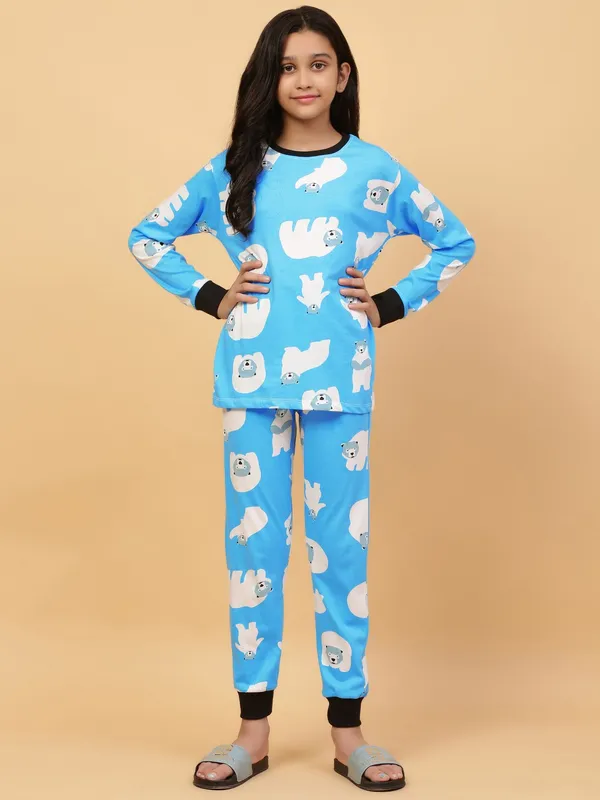 100%_Cotton_Knit_Full_Sleeves_Snow_Bear_Print_Night_Suit-Blue