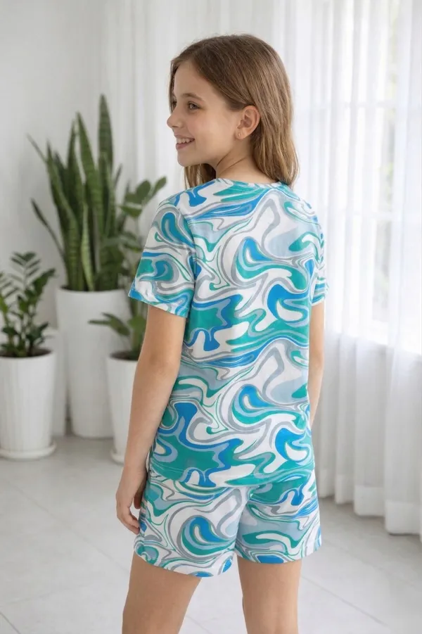 Waves_Print_Blue_&_Green_Coord_Set_With_Top_&_Shorts_for_Girls