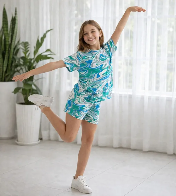 Waves_Print_Blue_&_Green_Coord_Set_With_Top_&_Shorts_for_Girls