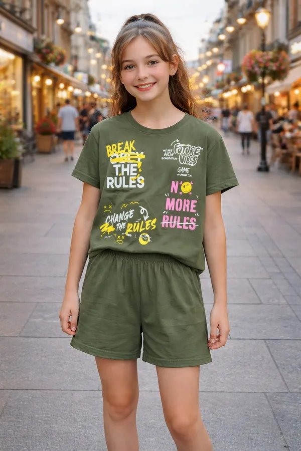 Street_Style_Print_Coord_Set_With_Top_&_Shorts_-Olive_Green_for_Girls