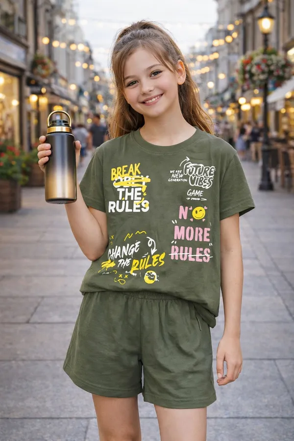 Street_Style_Print_Coord_Set_With_Top_&_Shorts_-Olive_Green_for_Girls