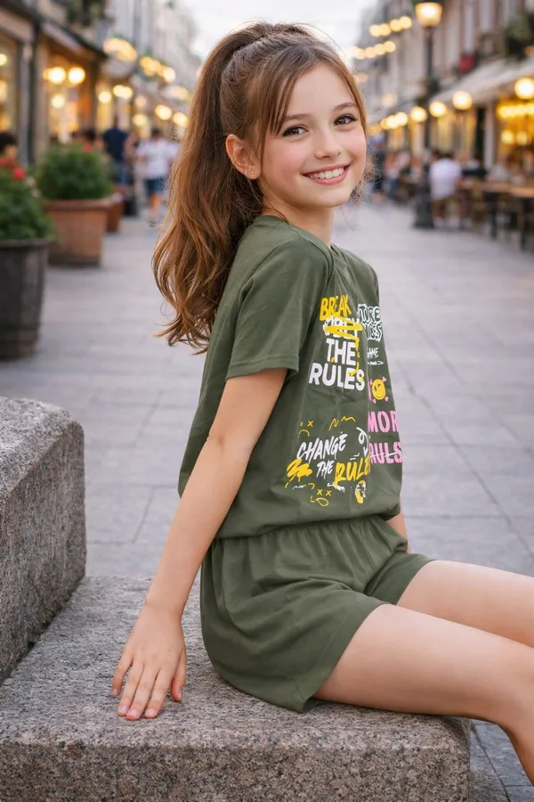 Street_Style_Print_Coord_Set_With_Top_&_Shorts_-Olive_Green_for_Girls