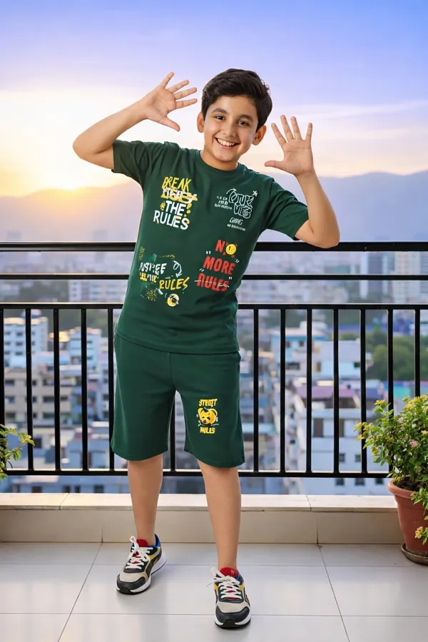 100%_Cotton_Half_Sleeves_Street_Style_Print_Coord_Set_With_T-Shirt_&_Shorts-Olive_Green_for_Boys