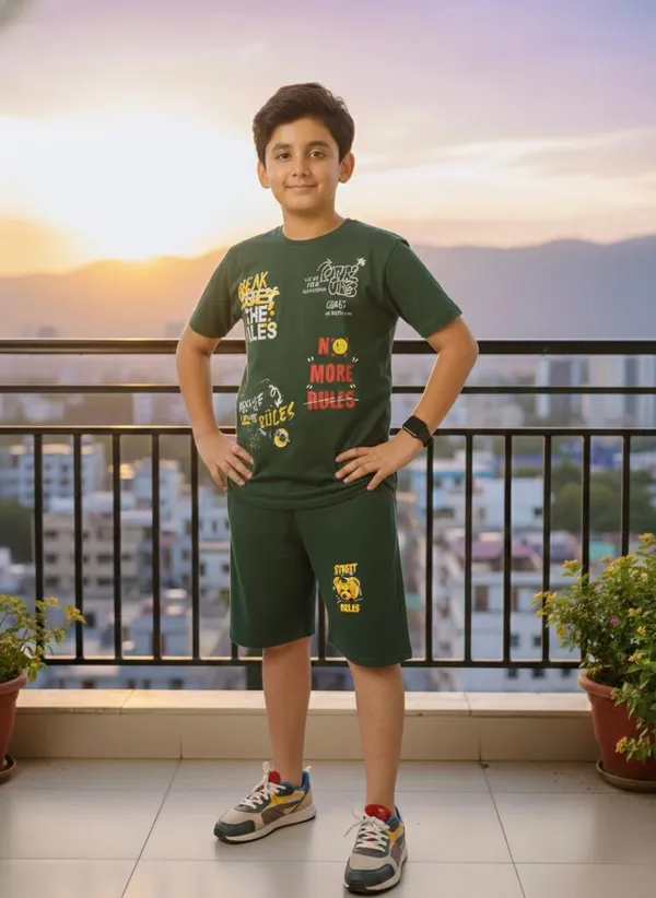 100%_Cotton_Half_Sleeves_Street_Style_Print_Coord_Set_With_T-Shirt_&_Shorts-Olive_Green_for_Boys