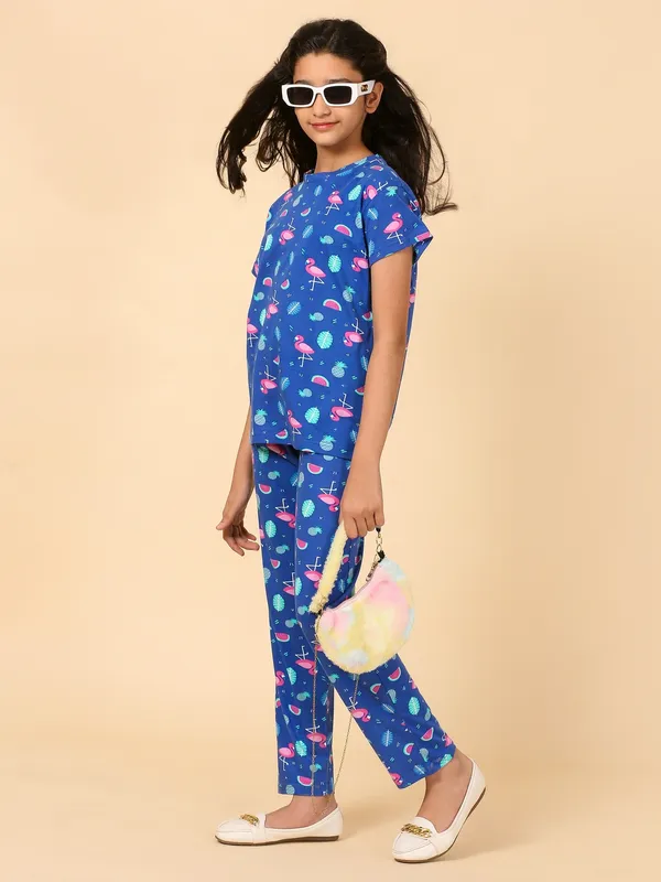 Cotton_Knit_Half_Sleeves_Night_Suit_With_Flamingo_Print-Royal_Blue