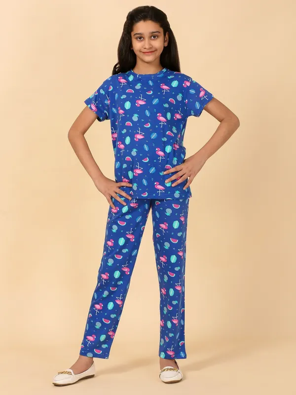 Cotton_Knit_Half_Sleeves_Night_Suit_With_Flamingo_Print-Royal_Blue