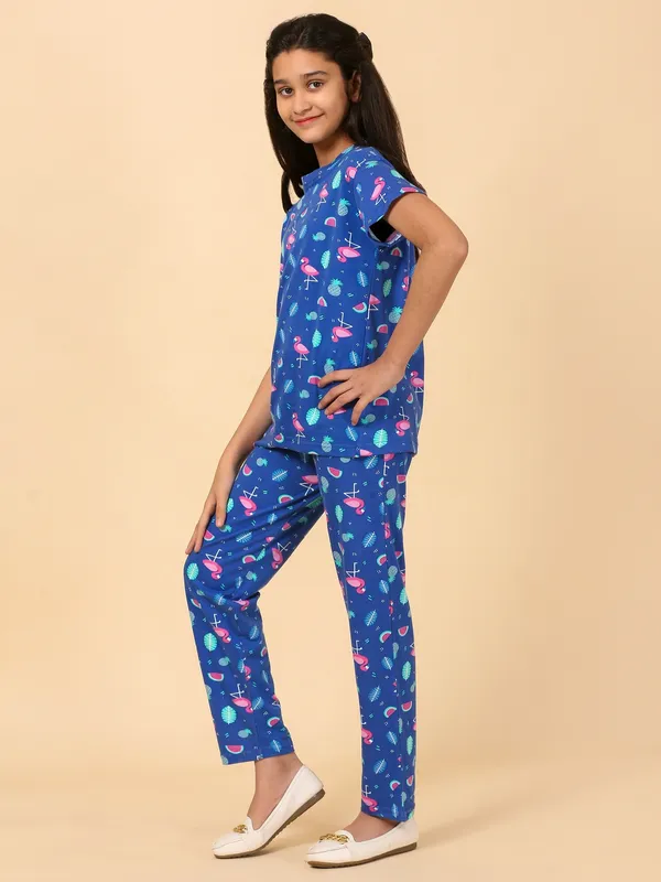 Cotton_Knit_Half_Sleeves_Night_Suit_With_Flamingo_Print-Royal_Blue