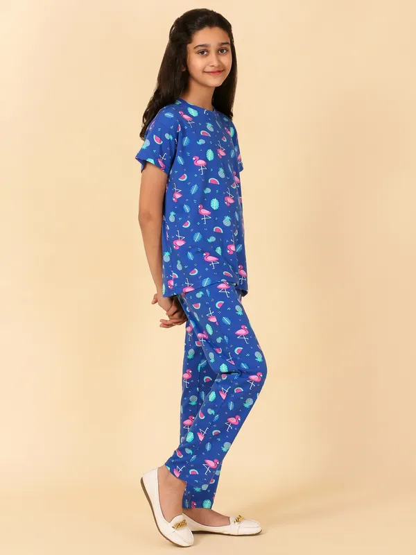 Cotton_Knit_Half_Sleeves_Night_Suit_With_Flamingo_Print-Royal_Blue